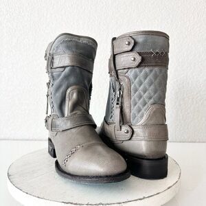 Lane Boots Women’s Gray Leather Canvas Mid-Calf Western Moto Style Zip Size 7.5